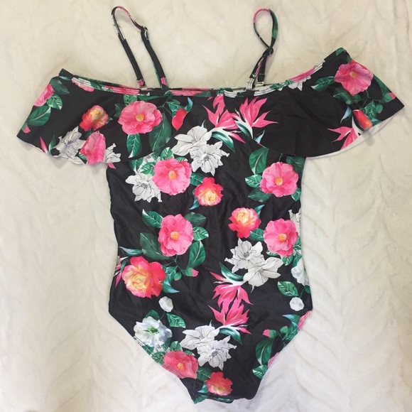 🛍 Black Floral One-piece Swimsuit Off Shoulder - Picture 6 of 8